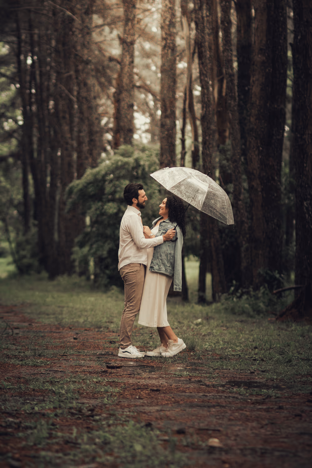 Casal sob guarda-chuva em uma floresta de pinheiros