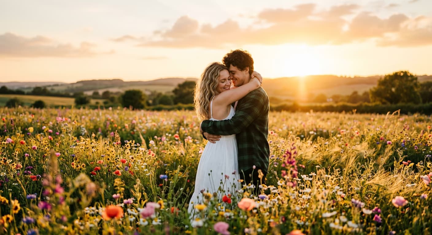 Casal caminhando de mãos dadas ao entardecer
